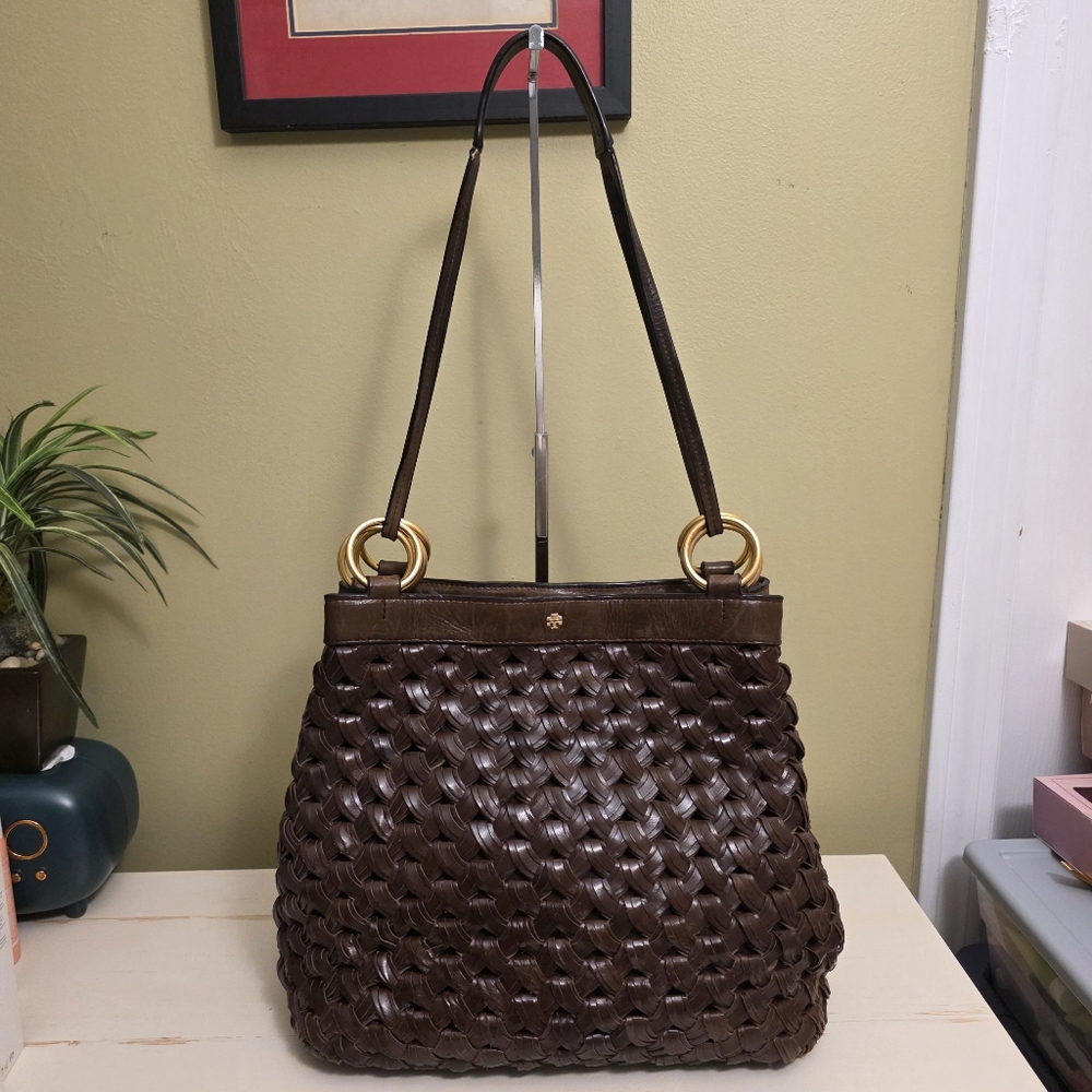 Tory Burch | Farrah Brown Woven Leather Shoulder Bag
